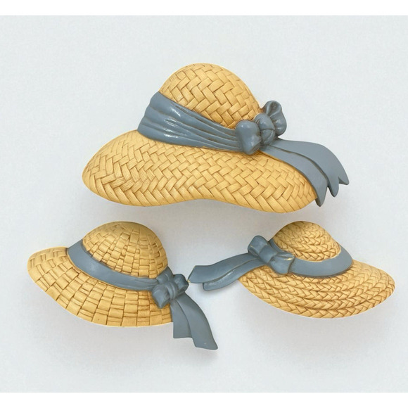 VTG Homco Home Interiors 1987 Burwood Blue Bonnet Straw Hats Wall Hanging Decor - Picture 1 of 7